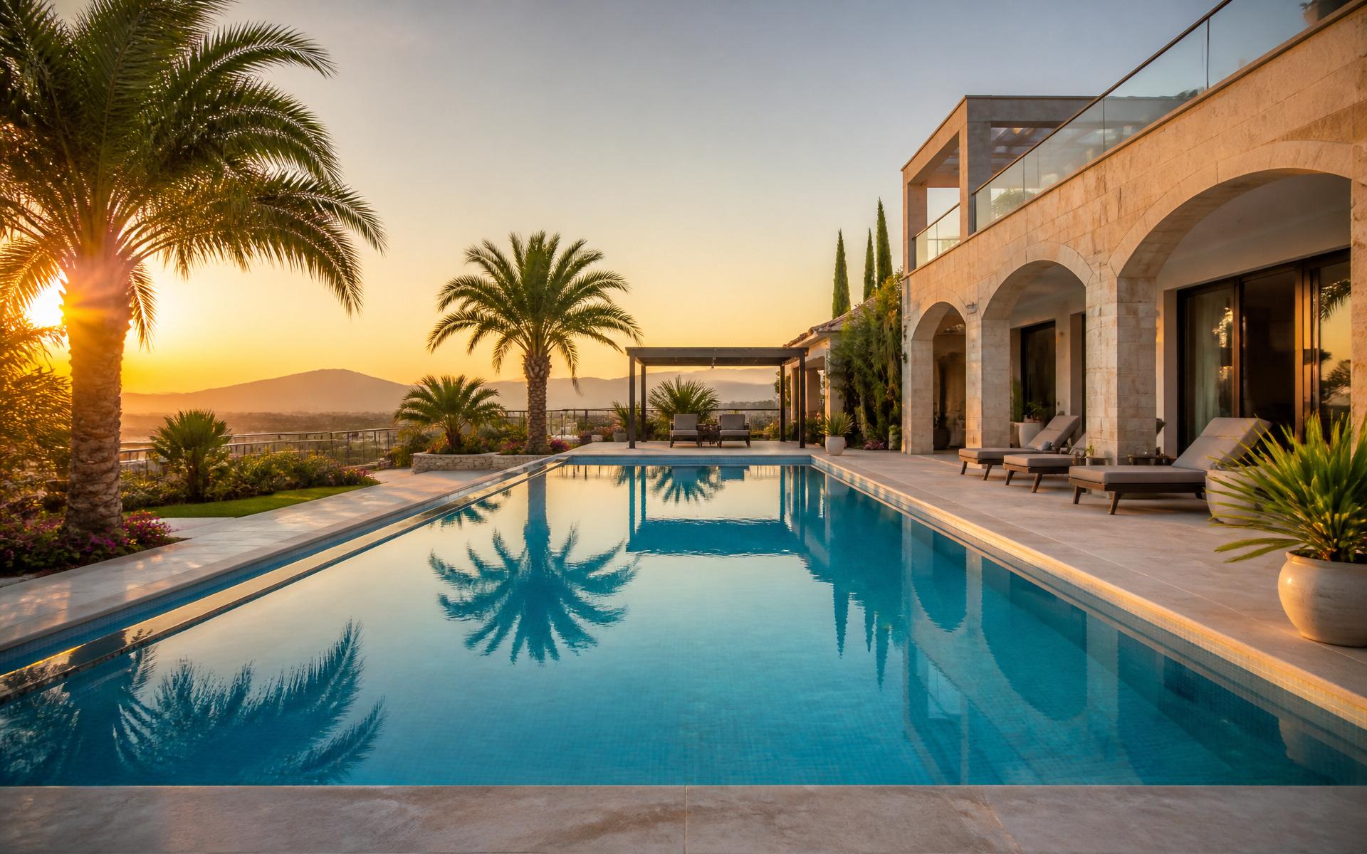 Modern villa pool at sunset with palm tree reflections