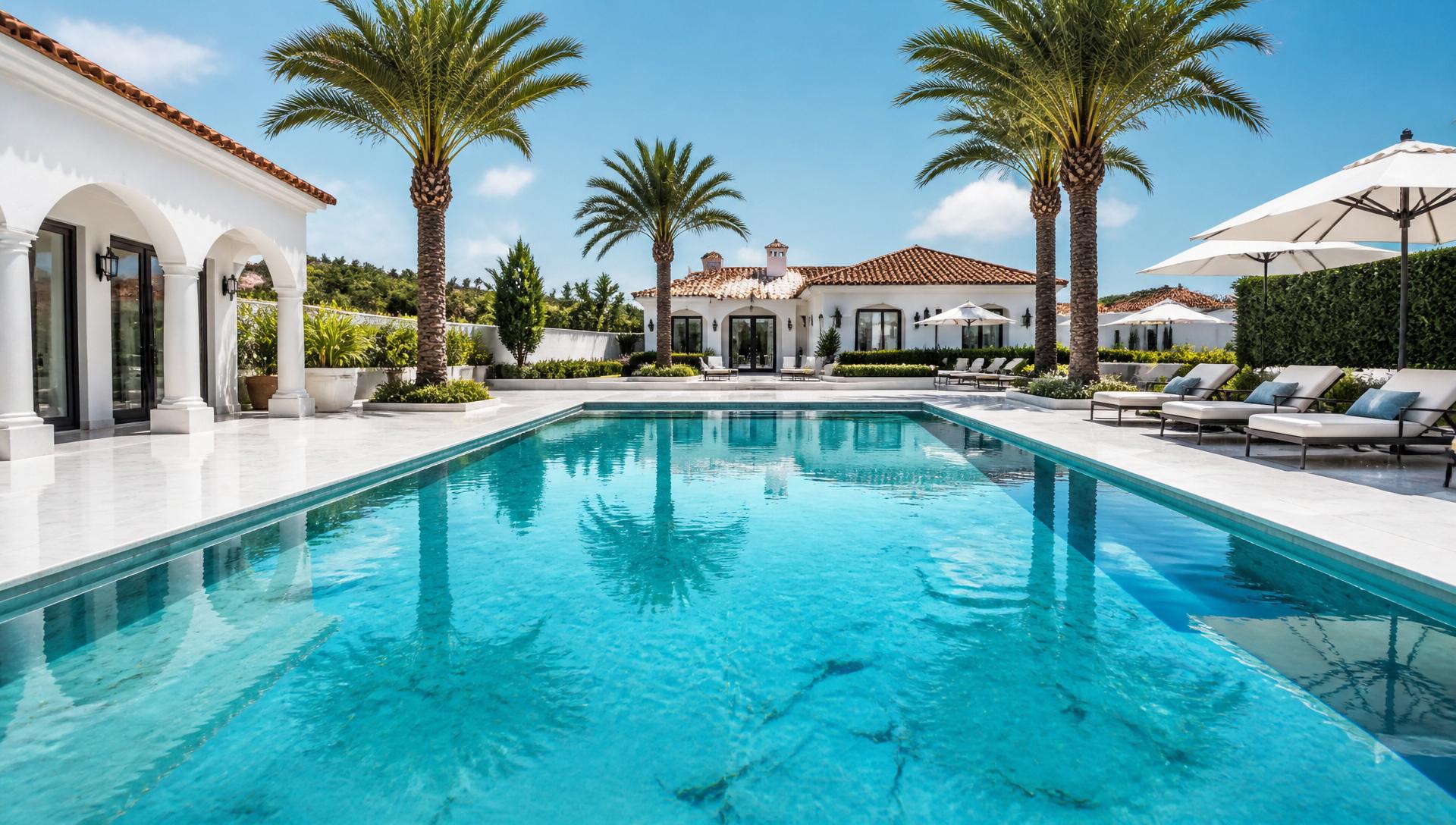 Elegant modern villa pool with palm trees and marble deck